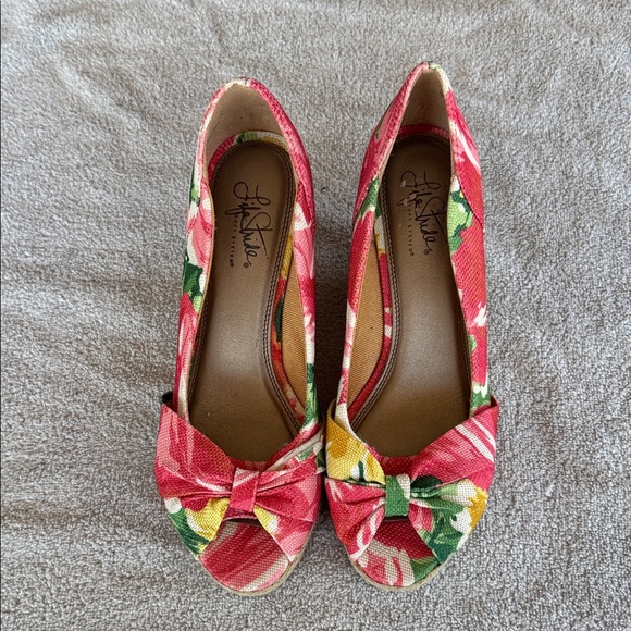 Life Stride Floral Women's wedge heel - Red, Pink, Green size 8 peep toe - Picture 1 of 12